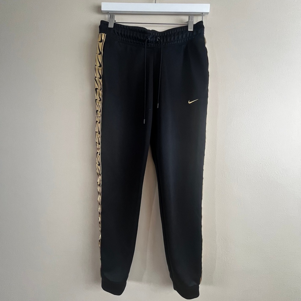 Nike Womens Black Gold Metallic Swoosh Tape Track Pants Joggers Small AR3072-010